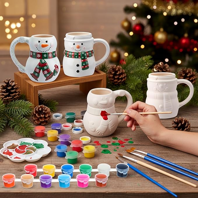 Zubebe 4 Sets Christmas Paint Your Own Mugs Craft Kit, Xmas Ceramic to Paint, Christmas Snowman DIY Mugs for Adults, Festive Coffee Tea Cup with Painting Set for Family Xmas Craft Office Gift