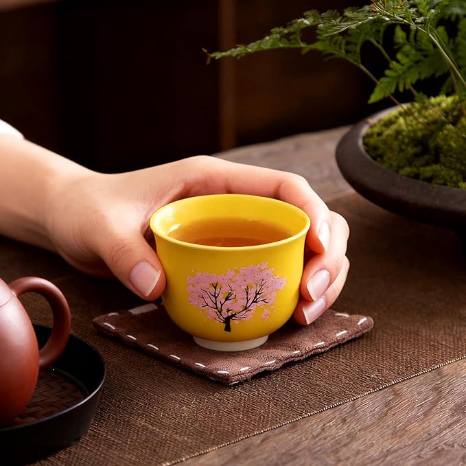Heat Changing Sensitive Cherry Blossoms Tea Cup, Japanese Style Color Changing Coffee Mug, Unique Magic Coffee Tea Cup for Gift Valentines 4.4 oz/130ml (Yellow)