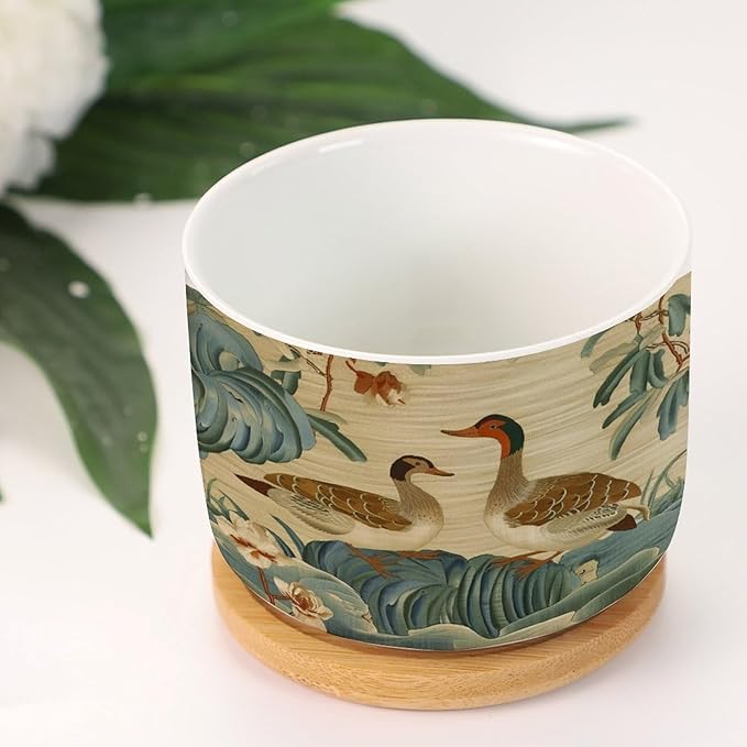 5 Piece and Duck Garden Small Plant Pots Chinoiserie Style Succulent Pot with Drainage Bamboo Trays Green Water Lily Chinoiserie Flower Ceramics Planters for Indoor Plants
