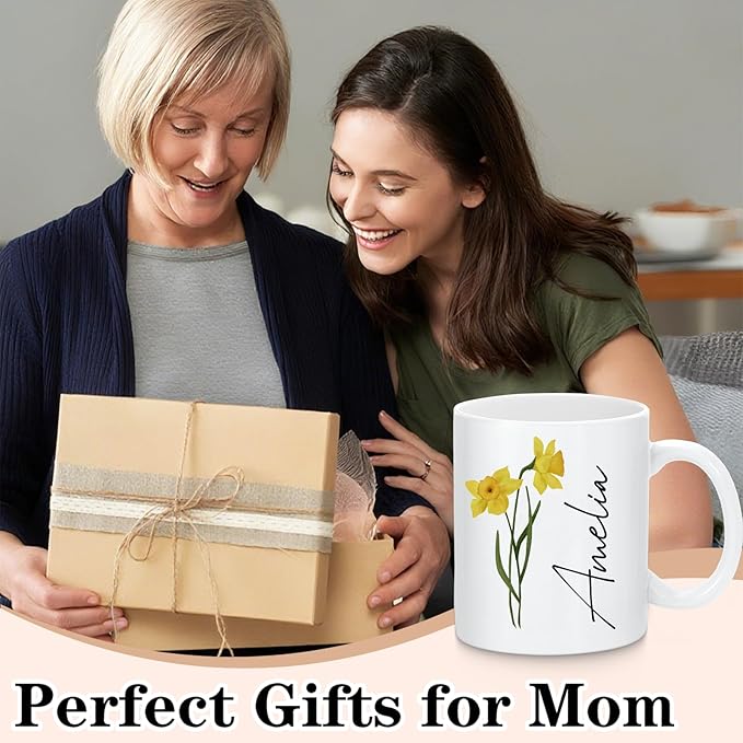 Custom Coffee Mug with Birth Flower & Text, 11oz Ceramic Personalized Mugs for Women, Customized Birthday Gifts for Mom Sister Coworker Best Friend (Flower & Name)