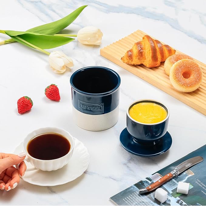 NUTRIUPS Ceramic Butter Crock, Butter Dish with Lid for Countertop with Water Line, French Retro Butter Crock for Spreadable Butter (Ink-Mood White)