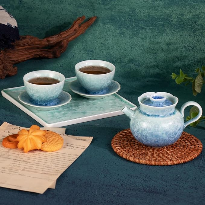 KAMMAK Tea Set for Adults Porcelain Tea Pot and Tea Cups Set, Blue and Green Gradient Japanese Ceramic Tea Cups and Saucers Set, Chinese Gong Fu Tea Set (2 Saucer+ 2 Cups +1 Tea Pot + 1 Square Plate)