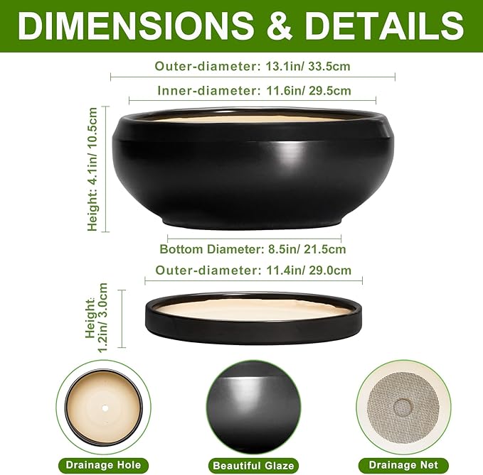 Bonsai Pots 13 Inch - Large Ceramic Succulent Pots with Drainage Hole and Tray, Round Planter Bowl Indoor Outdoor, Modern Shallow Planters, Home Living Room Decor, Gardening Gifts, Black