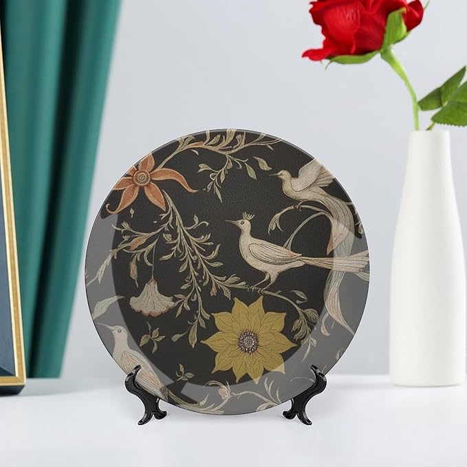 Decorative Plate Flowers And Birds Personalized Decor for Office Kitchen Home Club Wall Decorative Plate with Vertical Stand, Multi Sizes by Choosing, Gifts for Men Women