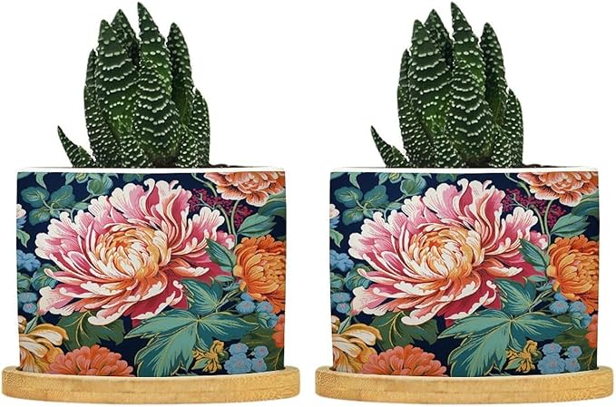 Bright and Chinoiserie Planter Ceramic Coral Peony Floral Round Flower Pot with Drainage Holes and Bamboo Tray Pot for Indoor Outdoor Garden