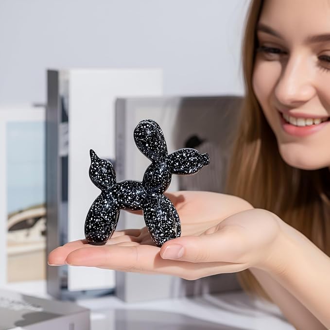Creative Balloon Dog Statues Small Ceramic Animal Sculpture Modern Home Decor Living Room Desktop Decorations Bedroom Office Cabinet Ornament (Black-A)