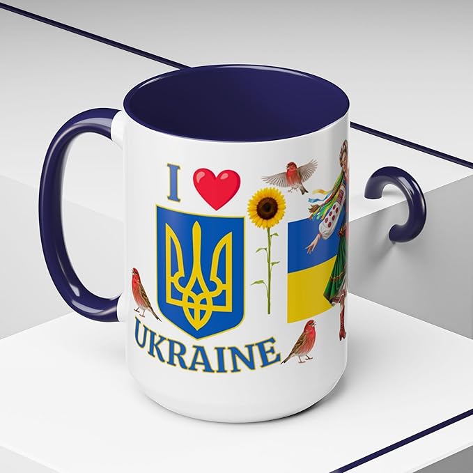 I Love Ukraine 15 oz Coffee Mug - Gift - Christmas Birthdays Gift; Tea Cup (Navy Blue Handle)