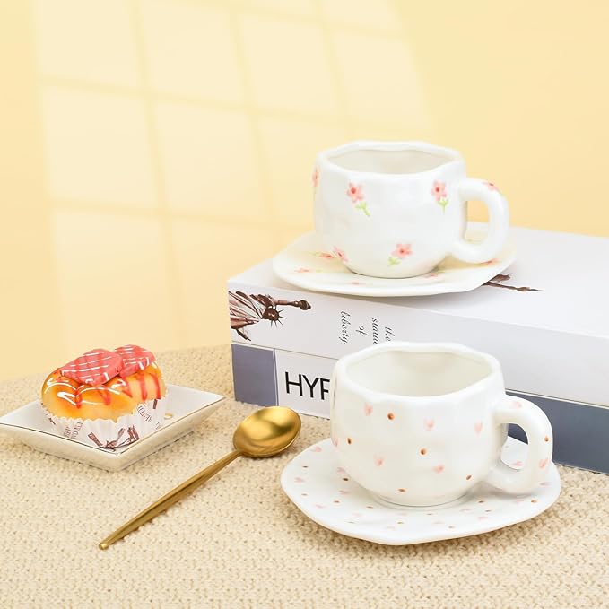 Koythin Ceramic Coffee Mug with Saucer Set, Cute Pink Small Flower Cup Unique for Office and Home, 10 oz/300 ml for Latte Tea Milk