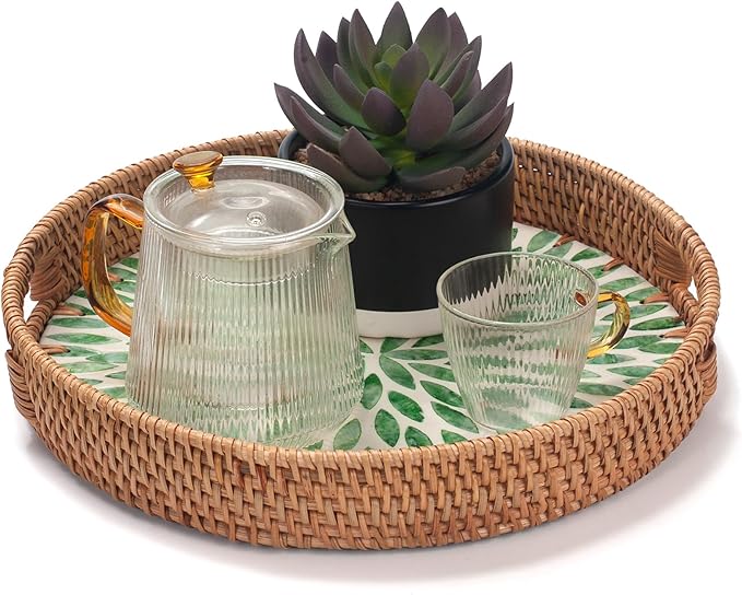 YANGQIHOME Round Rattan Tray with Handle, Mother of Pearl Inlay Decorative Wicker Basket for Coffee, Bread, Fruits, Serving Tray for Home Decor, 11.8 inch