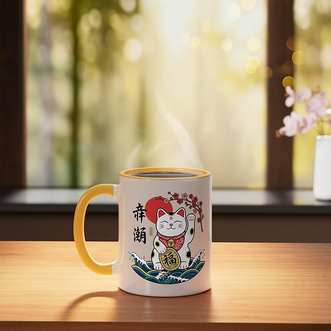 Cat Japanese Lucky Maneki Cat, Lucky Cat With & Bloss Ceramic Mug, Yellow/White