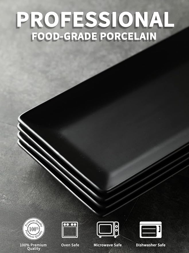 LAUCHUH Serving Platters, 10” Porcelain Serving Tray Sushi Plates Rectangular Platters for Christmas, Thanksgiving, Sushi, Dessert Cake, Appetizers, Meat, Set of 4, Black