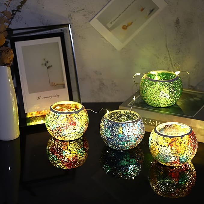 OwnMy 6PCS Mosaic Glass Tealight Holders: Round Votive Candle Holders & Stands for Table Centerpieces, Multicolor Glass Mosaic Tealight Holders, Small Potted Plant Bowl Candle Vases