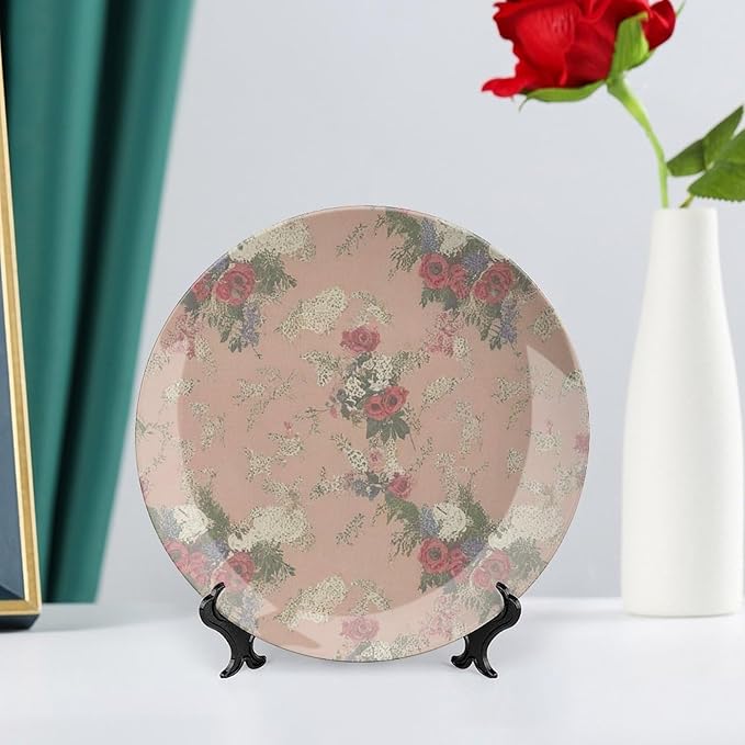 Home Decorations Decorative Plate, French Garden Thibaut Floral Coral Custom Christmas Gifts Wall Hanging Decoration for Table Home Wedding Decor, Unique Art with Stand