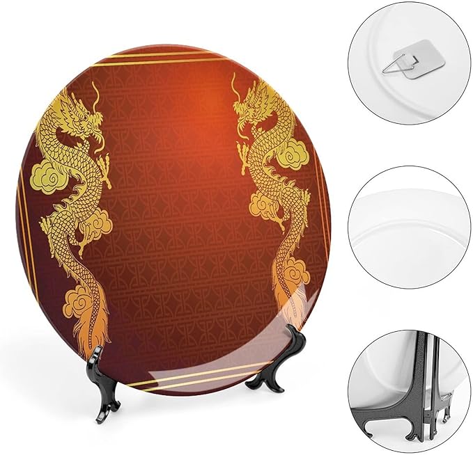10 Inch Decorative Plate, Dragon Tableware Plate, Chinese Historical Asian Eastern Motif Legendary Creature Print Ceramic Wall Hanging for Fine Dining For Upscale Events, Dinner Parties, Weddings