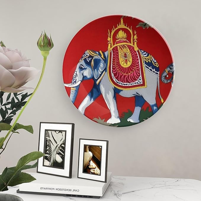 Home Decorations Vintage Plates, Thibaut Elephant French Toile in Red Customize Christmas Gifts Ceramic Dinner Plates for Kitchen Wall Housewarming Gifts Decor, with 1 Display Stand