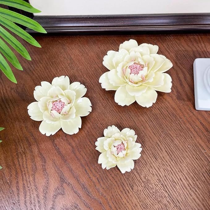 CEUYGT Handmade Ceramic Wall Flower Decor - Peony Home Wall Art, Perfect for Living Room, Bedroom, or Office Decoration (Yellow 01, Medium)