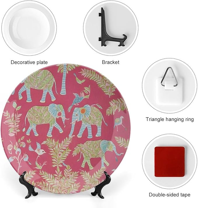 Animal Pink Chinoiserie Decorative Plate of 6", 7", 9", 10", Custom Wild Elephant Handmade Decorative Plate, Table Wedding Decorations Farmhouse, with Display Stand And Hook Up