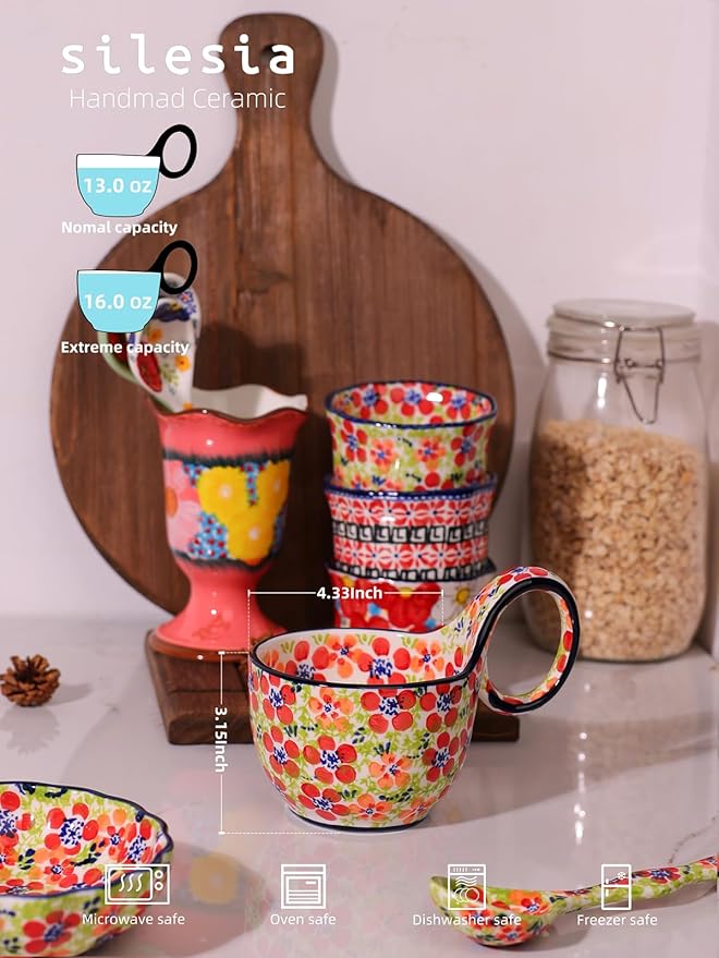 silesia Handmade Loop Handle Soup Bowl, Plate and Spoon Set Ceramic Hand Painted Cereal Bowl Great for Soup, Ice cream, Snack, Stew in Gift Box, Dishwasher & Microwave Safe, Jungle Floral