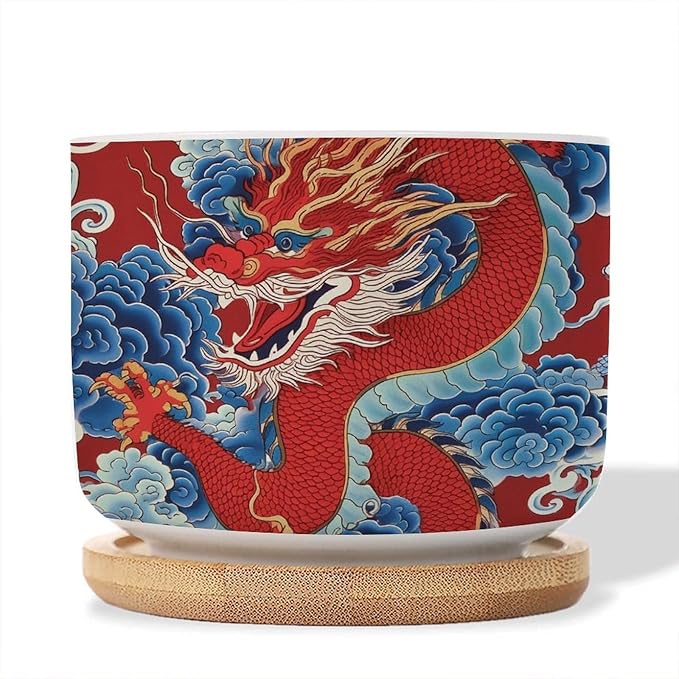 Set of 5 Chinoiserie Dragon Small Planters Ceramics Red and Auqa Dragon Ceramics Plant Pot with Drainage Bamboo Trays Japanese Asian Style Pots for Succulents Indoor