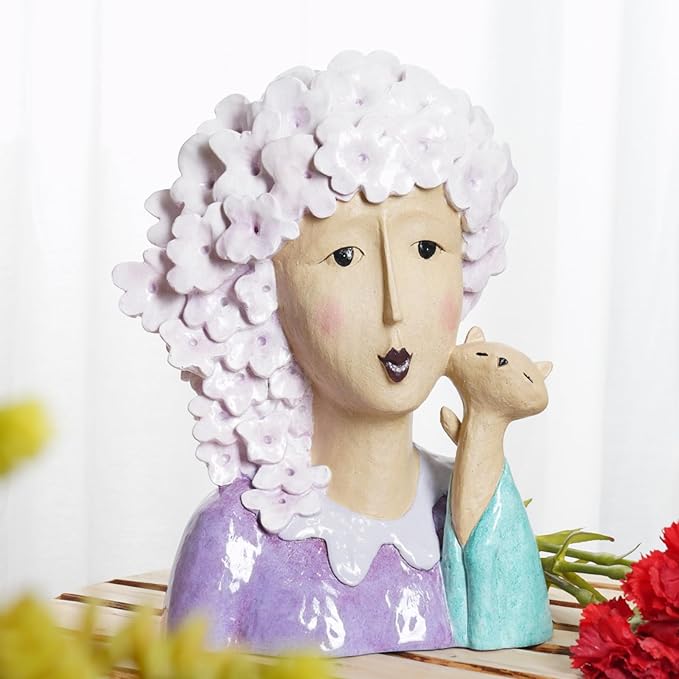 DiliComing Garden-Statues Women-Head Statues for Home Decor - 13 Inch Women with Cat Modern Art Statue, Resin Cat Sculptures for Garden, Tabletop, Livingroom and Office(Purple)