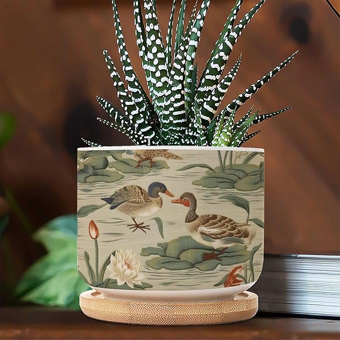 1 Piece Ceramics Plant Pot and Duck Garden Small Ceramics Planter Green Water Lily Chinoiserie Flower Succulent Pot Traditional Chinese Chinoiserie Plant Pot with Drainage Holes