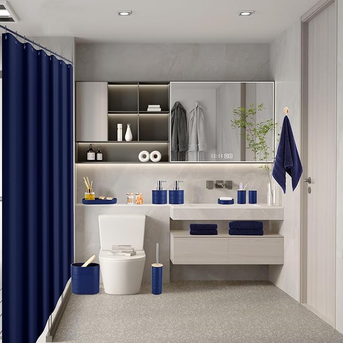 Navy Blue Bathroom Set, Bathroom Accessories Set with Shower Curtain, Bath Towel Set, Blue Shower Curtain Set with Bathroom Trash Can, Soap Dispenser, Soap Dish for Home Decor