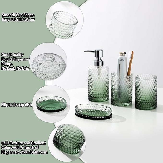 Bathroom Accessories Set, 4Pcs Clear Glass Bathroom Set, Hand Soap Dispenser, Toothbrush Holders, Tumbler, Bar Soap Dish for Modern Bath Decor Organizers and Storage Countertop Sink (Green)