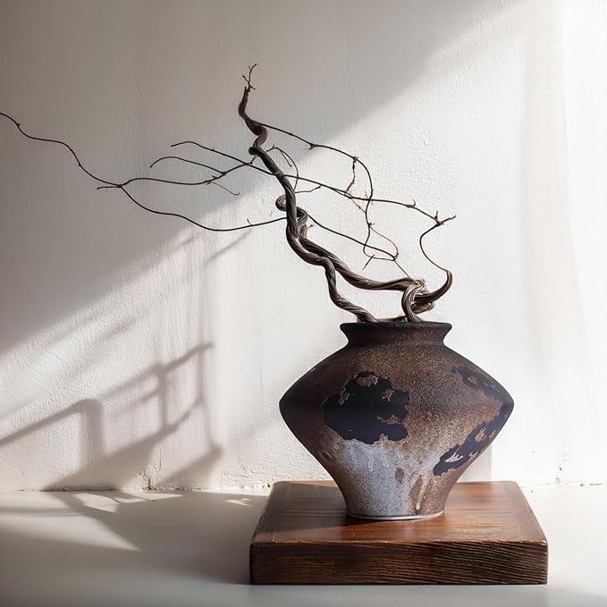 Wabi Sabi Ceramic Vase 6.7", Rustic Textured Pottery Vase, Organic Brown Black Farmhouse Vase with Wide Mouth, Watertight Flower Vase for Pampas Grass, Coffee Table & Shelf Decor