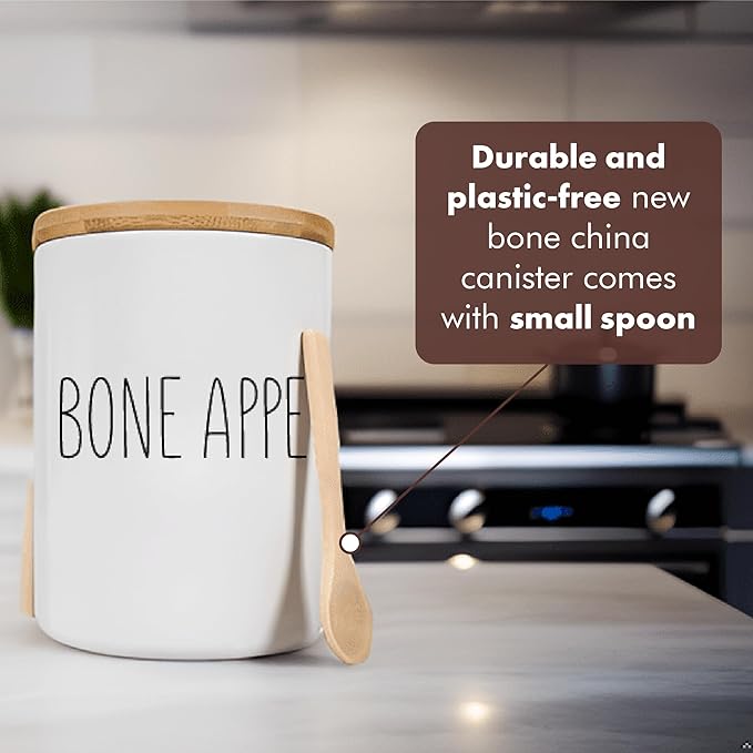Arthausen Bone Appetite Dog Treats Ceramic Storage Jar Canister - Airtight Bamboo Lid w/Silicone Seal, Spoon - Modern Abstract Art Design for Kitchen Counter or Bathroom - 4 cup / 1080mL