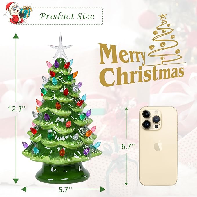 VCUTEKA Small Ceramic Christmas Tree Hand-Painted Vintage Tabletop Green Christmas Tree Holiday Decoration with Multi-Color Lights Xmas Trees 12 inch