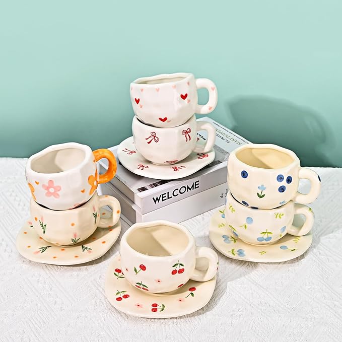 Koythin Ceramic Coffee Mug with Saucer Set, Cute Pink Tulip Flower Cup Unique Irregular Design for Office and Home, 10 oz/300 ml for Latte Tea Milk