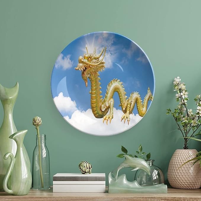 XISUNYA 8 Inch Decorative Plate, Dragon Ceramic Stoneware, Traditional Chinese Dragon Hovering at Cloud Sky Print Ornament Display Plate Decor Accessory for Dining, Parties, Wedding