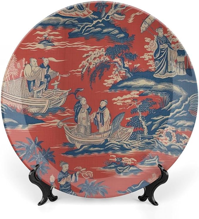 China Plates Cheng Toile Dynasty Red Chinoiserie Personalized Decor for Festival Housewarming Gifts Wedding Household Ceramic Craft for Decorative Ornaments with 1 Display Stand, Gifts for Men Women