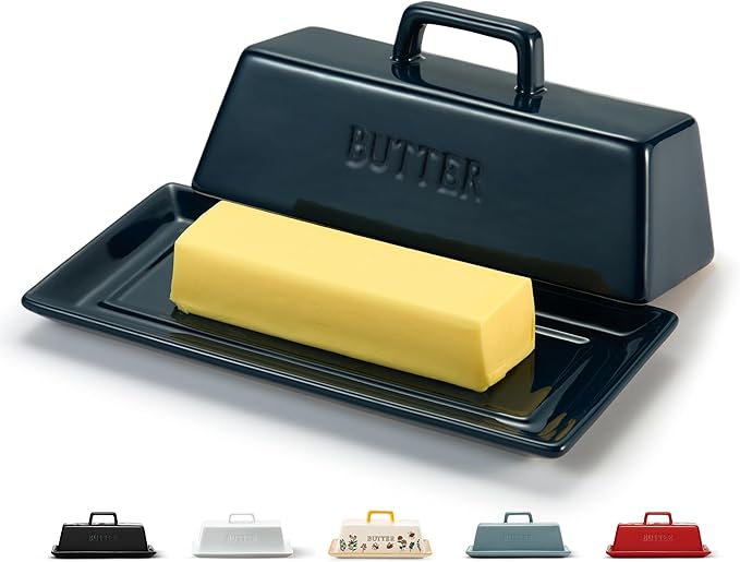 Butter Dish with Lid for Countertop, by Kook, Ceramic Dish Tray with Cover, Kitchen Keeper, Container, Holder (Navy)