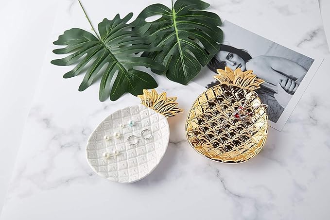 Lependor Ceramic Plate Jewelry Tray Jewelry Holder Jewelry Display - Ring Dish - Organizer for Keys - Phone - Jewelry - Watch - Wallet -Trinket - Best Wedding/Birthday - Big Size Golden Pineapple