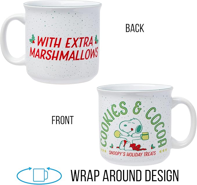 Silver Buffalo Peanuts Christmas Snoopy Cookies And Cocoa Snoopy's Holiday Treats Ceramic Camper Mug, 20 ounces