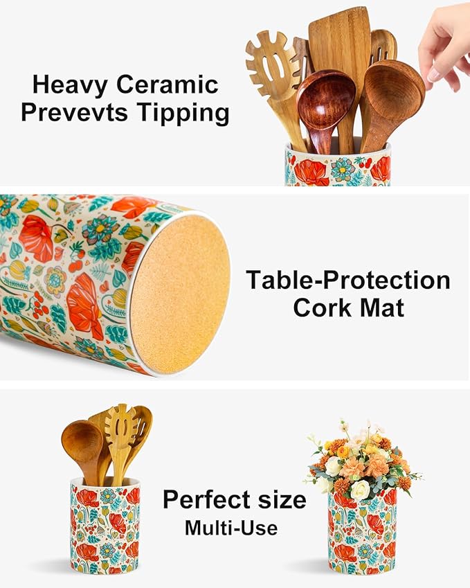 Kitchen Utensil Holder, 6.3 Inch Red Floral Ceramic Cooking Utensil Holder Modern Utensil Crocks for Kitchen Counter-Farmhouse, Housewarming Gift, Decor and Accessories (Flower-01, 6.3 Inch)