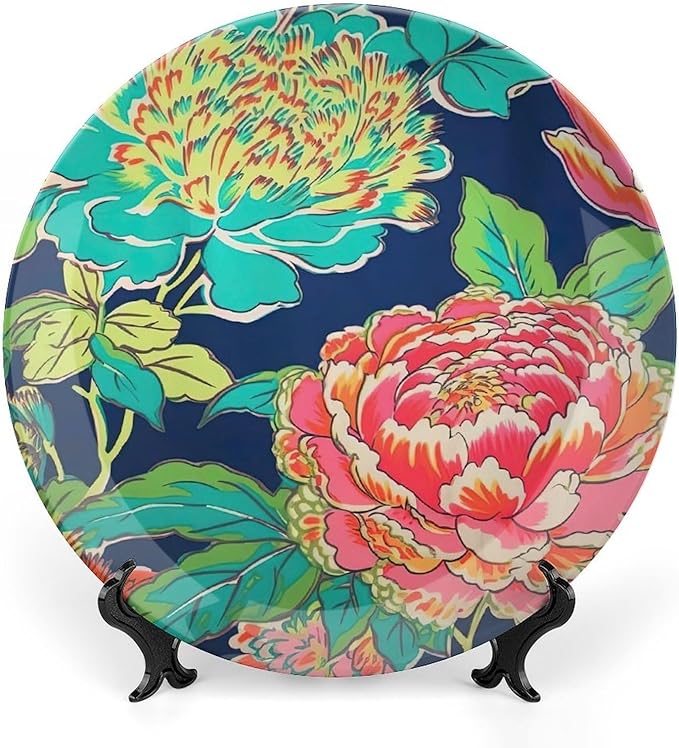 Navy Pink Chinoiserie Peony Floral Fashion Plates, Customize Chinoiserie Peony Floral Ceramic Hanging Decorative Plate, Festival Office Decorations Club, Including Bracket And Special Hook