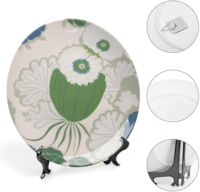Chinoiserie Floral Green Plant Decorative Plate, Flowers Fruit White Leaves Customize Bone China Decorative Plate for Office Home Club Decor, Unique Art with Stand Art Decor for Festival