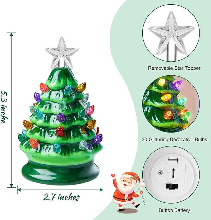 5 Inch Mini Ceramic Christmas Tree Set - 4 Pack Pre-lit Tabletop Christmas Tree with Multicolored LED Lights, Battery Operated Small Lighted Tree for Home Office Table Holiday Decorations