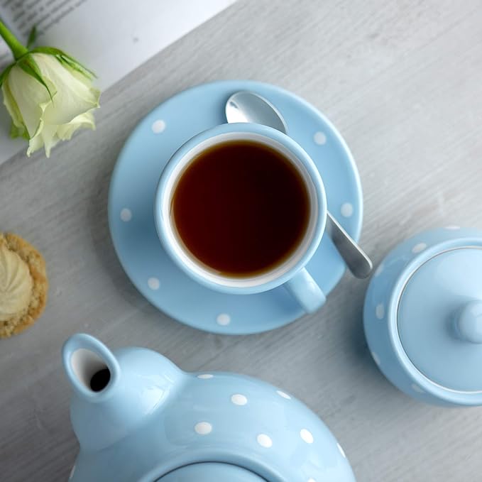 City to Cottage Handmade Light Sky Blue and White Polka Dot Ceramic 8.4oz/250ml | Cappuccino, Coffee, Tea Cup and Saucer, Unique Designer Pottery Gift for Tea Lovers