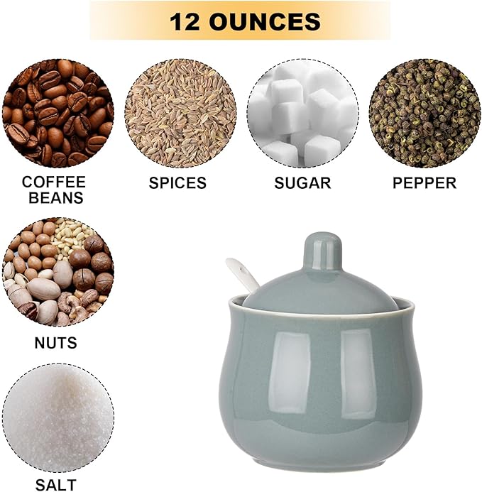 Ceramic Sugar Bowl with Lid and Spoon, Gray Porcelain Sugar Salt Pepper Storage Jar, 12 Ounces