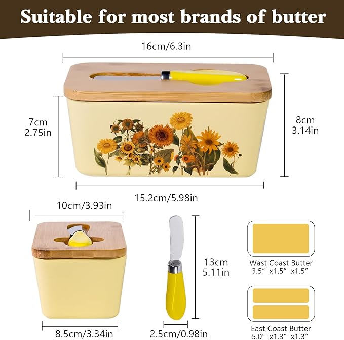 Sunflower Butter Dish with Lid,Large Butter Crock Keeper Saver,Ceramic Butter Container for Countertop with Highly Sealed Silicone Thick Wooden Lid for Kitchen Farmhouse Decor (Yellow, Sunflower)