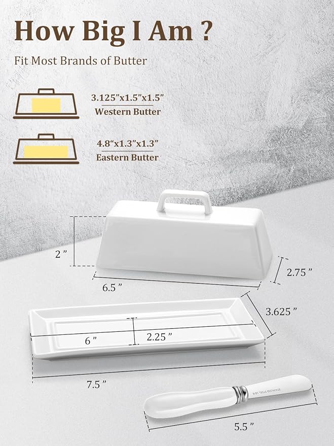 Yedio Porcelain Butter Dish with Lid and Knife for Countertop Refrigerator，White Ceramic Covered Butter Holder with Handle for East West Coast Butter Stick, Dishwasher Safe