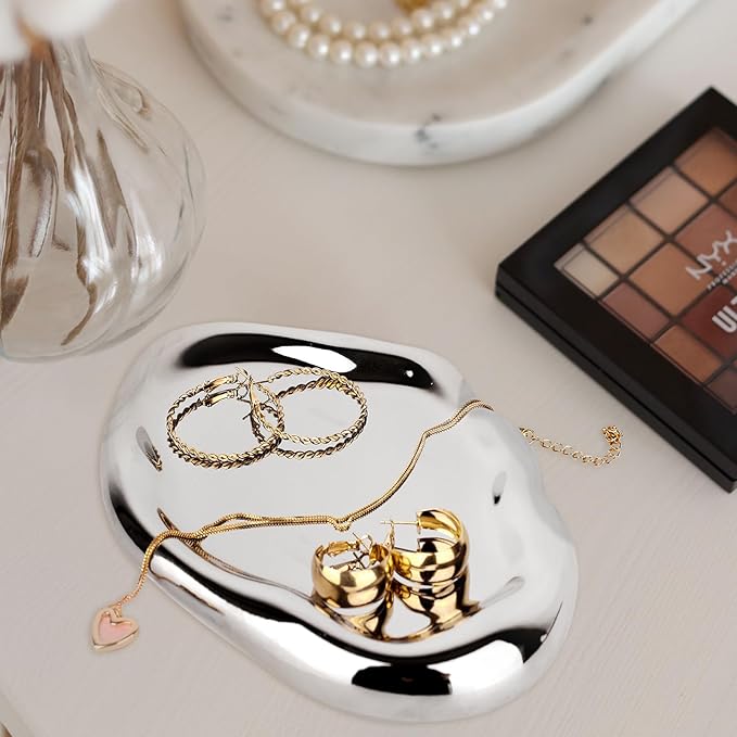 Silver Tray Decorative Vanity Tray Bathroom Tray Jewelry Dish Ceramic Silver Round Plate Holder Makeup Tray Home Organizers Irregular Storage Plate Bathroom Organizer(Long)