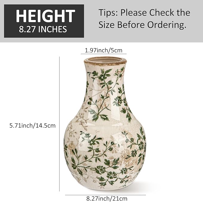 LemonRoad Vintage Ceramic Flower Vase 5.7 Inch Chinoiserie Ice Cracked Glaze Porcelain Vase Rustic Ceramic Large Centerpieces for Home Table Living Room Bookshelf Office(Floral Style)