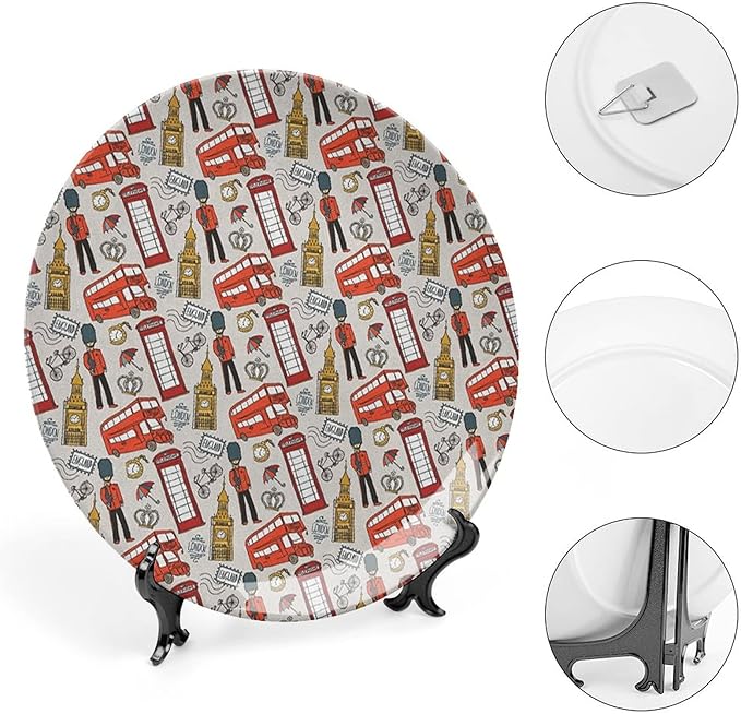 XISUNYA 7 Inch Decorative Plate, London Ceramic Stoneware, Doodle English Icons Crown London Print Ceramic Wall Hanging for Fine Dining Upscale Events, Dinner Parties, Weddings, Catering, Multicolor
