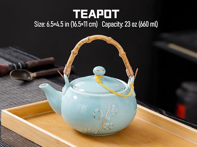Japanese Tea Set with 1 Teapot(23 oz/660ml), 6 Tea cups(5.3 oz/150ml), 1 Tea Tray, 1 Stainless Infuser, Golden plum blossom relief,Chinese gungFu tea set (Golden plum-Blue)