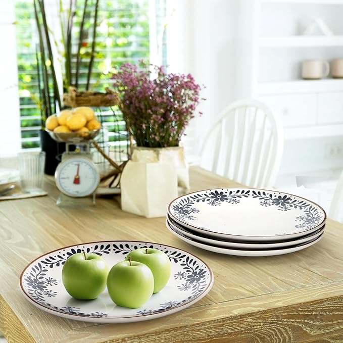 4 Pack Ceramic Dinner Plates, 10" Round Appetizer Plates, Blue Floral Dessert Serving Dishes, Vintage Salad Plate, Scratch Resistant Dinnerware for Kitchen, Microwave Dishwasher Oven Safe