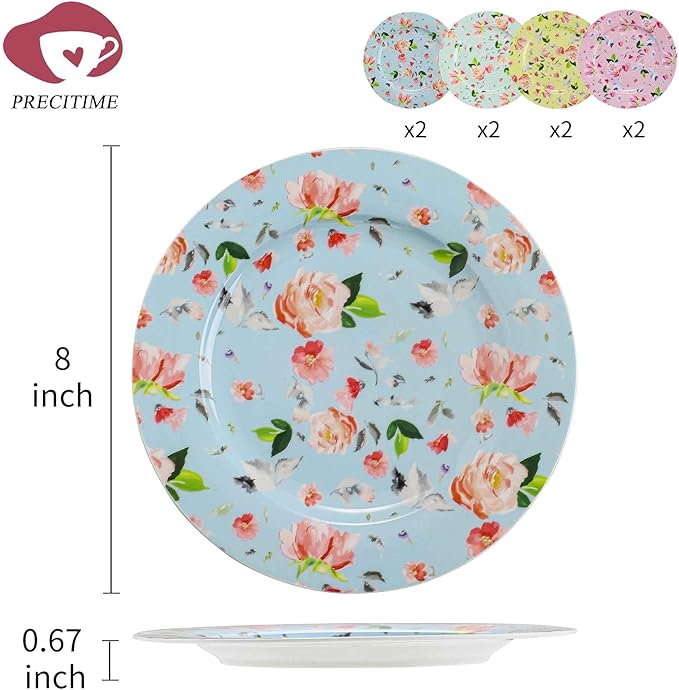 8-Inch Porcelain Dessert Plates, Set of 8 - Floral Decorative Ceramic Plates for Appetizers, Salads, or Dinner, Colorful & Elegant Design